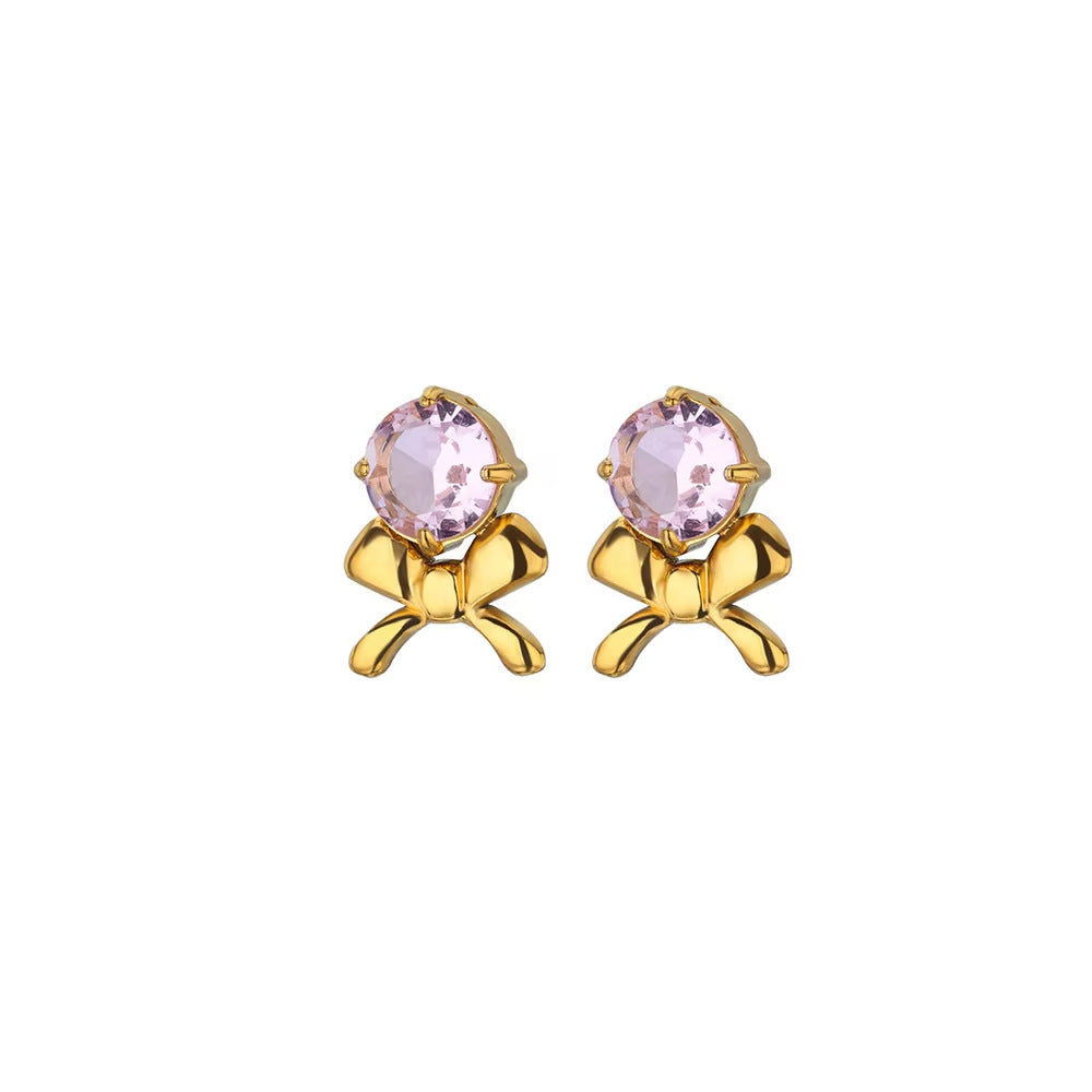Stainless Steel Micro Zircon-encrusted Stud Earrings Love Heart Bow Tie