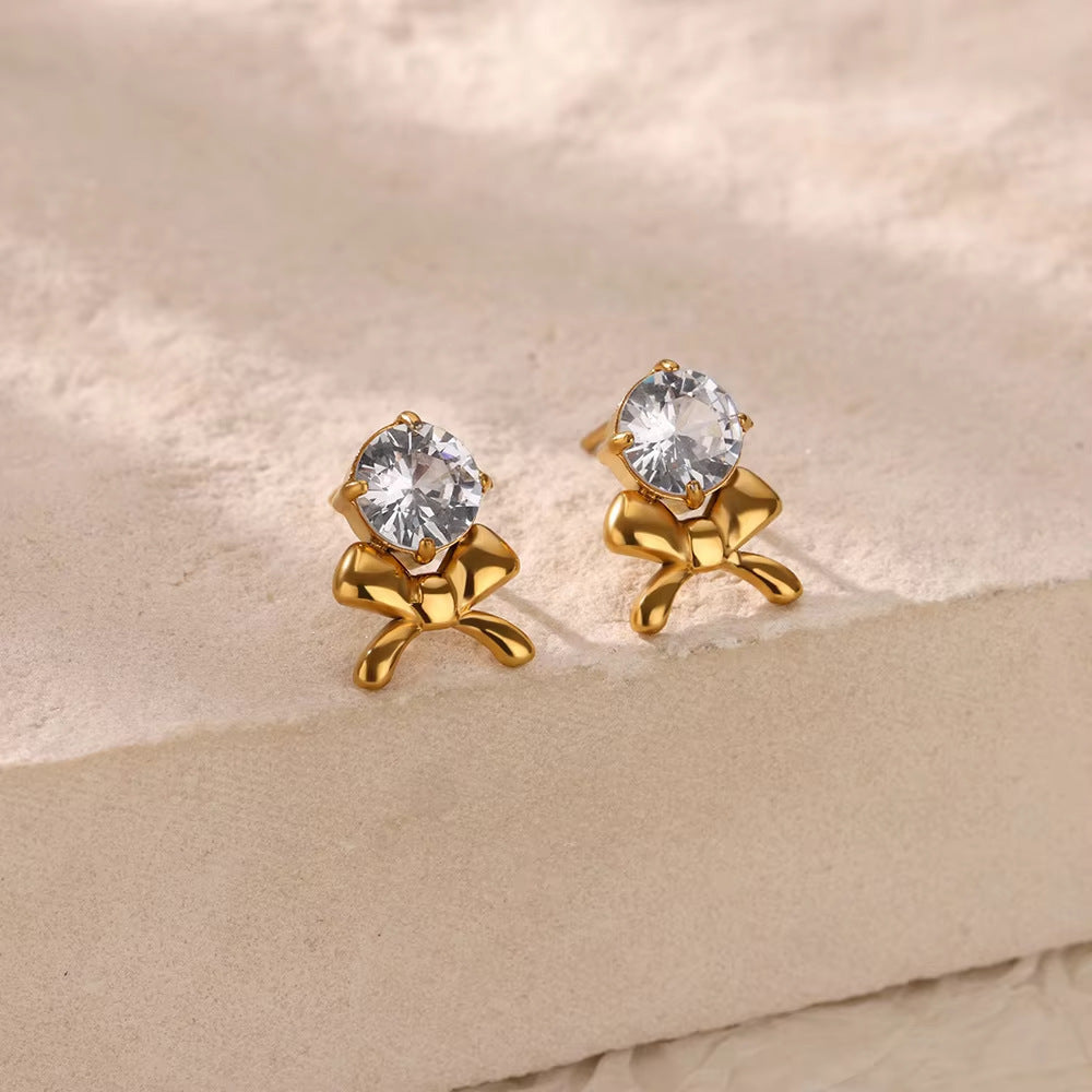 Stainless Steel Micro Zircon-encrusted Stud Earrings Love Heart Bow Tie