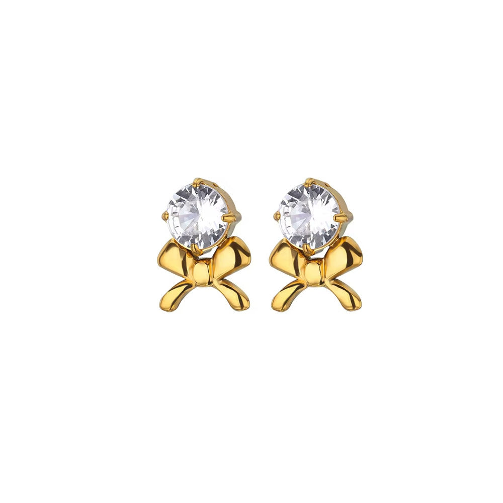 Stainless Steel Micro Zircon-encrusted Stud Earrings Love Heart Bow Tie