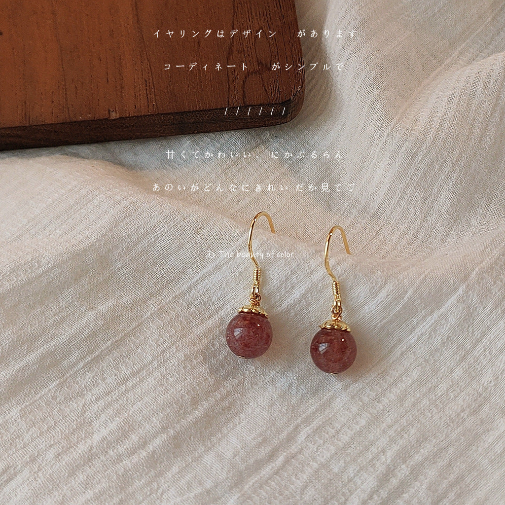 Long Strawberry Quartz Handmade Design Sense Earrings