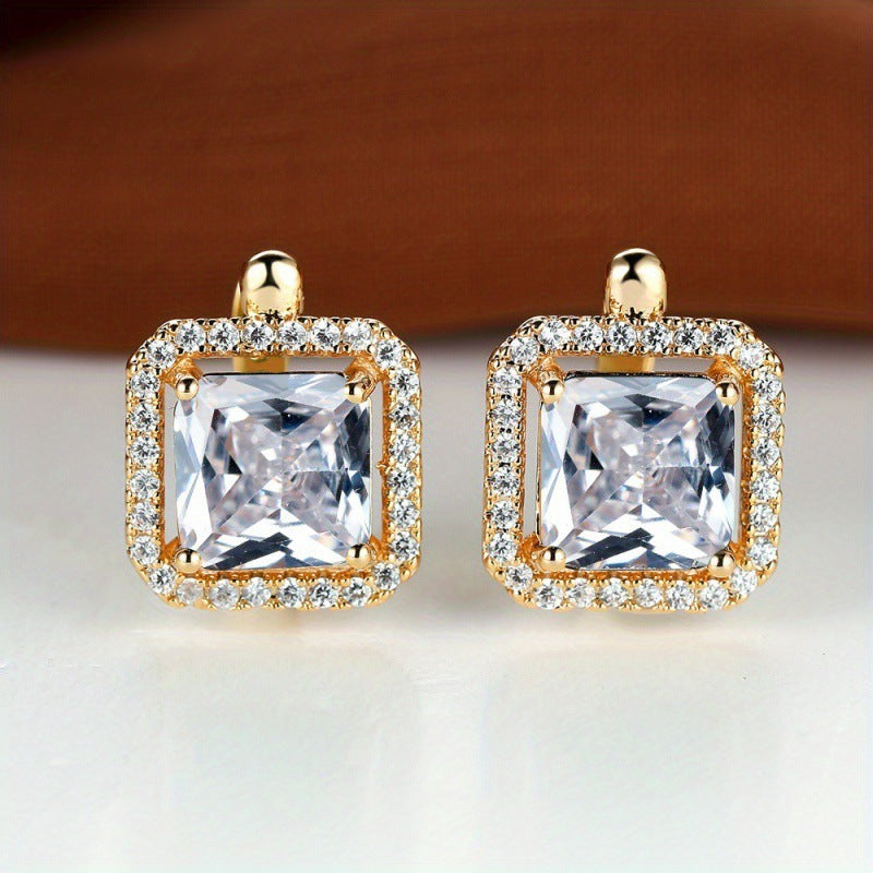 Platinum Super Square Full Diamond Large Zircon Stud Earrings