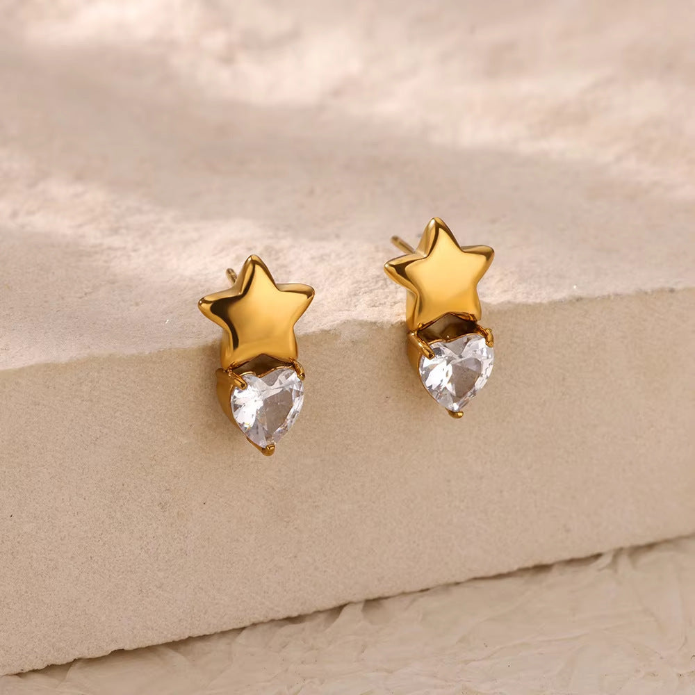 Stainless Steel Micro Zircon-encrusted Stud Earrings Love Heart Bow Tie
