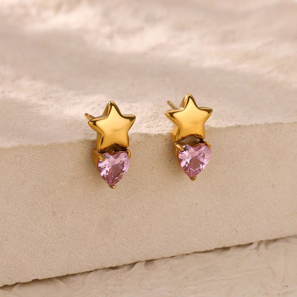 Stainless Steel Micro Zircon-encrusted Stud Earrings Love Heart Bow Tie