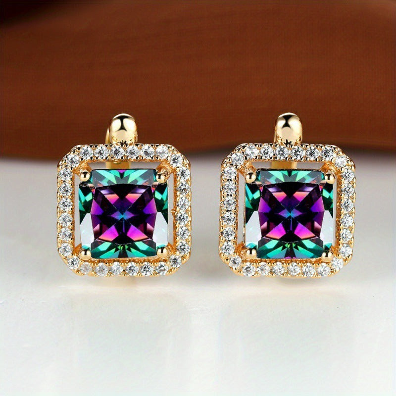Platinum Super Square Full Diamond Large Zircon Stud Earrings